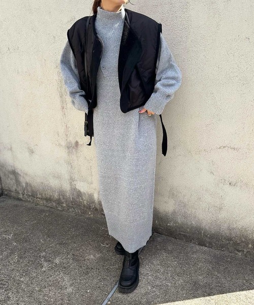 GeeRA（ジーラ）の「楽ちん！2WAYアシメボタンミックスニットワンピース（ワンピース・レディース・杢グレー/ブラック/ベージュ・SMALL/MEDIUM/LARGE/X-LARGE）」の14枚目の写真