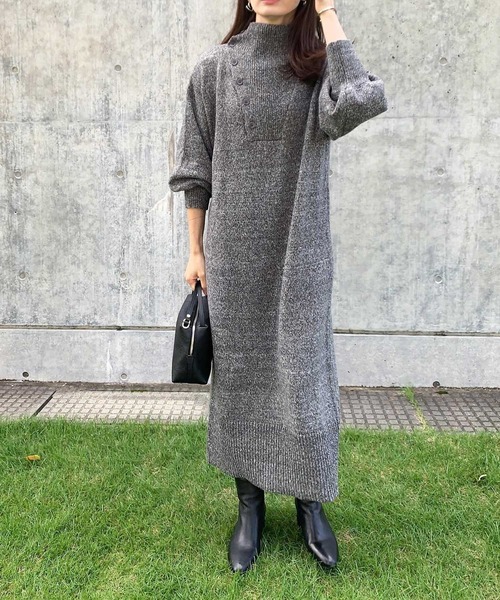 セール】楽ちん！2WAYアシメボタンミックスニットワンピース