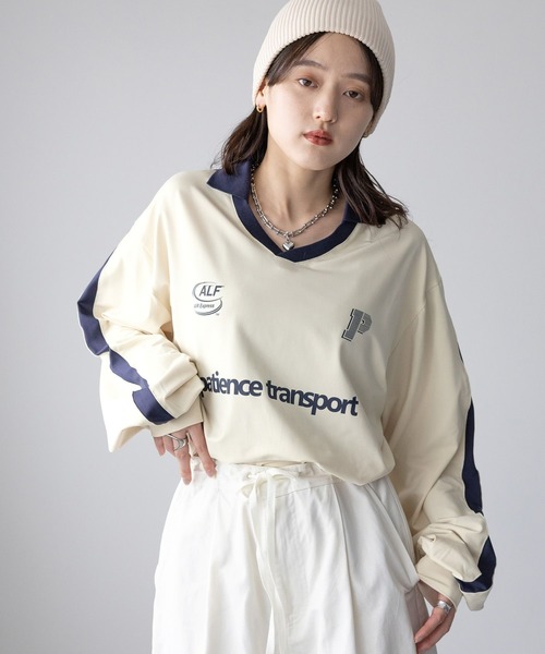 RAGEBLUE（レイジブルー）の「サイドライン/ユニフォームデザインゲームシャツLS（Tシャツ/カットソー・レディース・オフホワイト/ライトブルー/ブラック・FREE）」の2枚目の写真