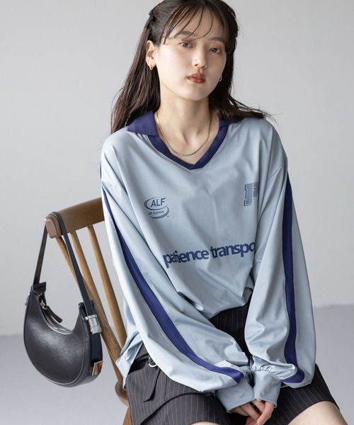 RAGEBLUE（レイジブルー）の「サイドライン/ユニフォームデザインゲームシャツLS（Tシャツ/カットソー・レディース・オフホワイト/ライトブルー/ブラック・FREE）」の3枚目の写真