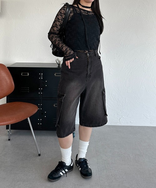 apres jour mignon（アプレジュールミニョン）の「ユニセックスカーゴデニムハーフパンツ【ZOZOTOWN限定アイテム】（デニムパンツ・レディース・インディゴブルー/ブラック/ブルー系その他・LARGE/MEDIUM/SMALL/X-LARGE）」の6枚目の写真