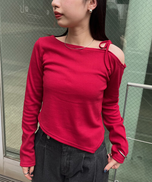 mline（エムライン）の「【3色展開】[mline]ショルダーリボンT（Tシャツ/カットソー・レディース・オフホワイト/グレー/レッド・FREE）」の3枚目の写真