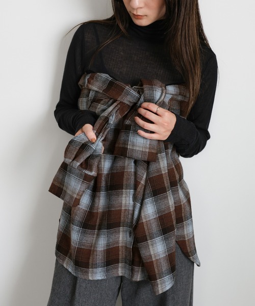 select MOCA(セレクトモカ)の「チェックロングシャツ(シャツ/ブラウス・レディース・アイボリー/ブラウン/ブラック/グレー・FREE)」の9枚目の写真