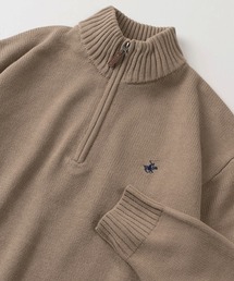 【BEVERLY HILLS POLO CLUB/ビバリーヒルズポロクラブ】ワンポイントロゴ刺繍&フェイクレザー ジップタグデザイン ハーフジップ長袖ニット/オーバーサイズ