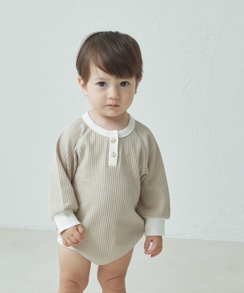 pairmanon（ペアマノン）の「ワッフル 配色ヘンリーネック ロンパース（ロンパース・キッズ・ピンク/ブルー/ブラウン/ベージュ/ミント・70/80）」の10枚目の写真