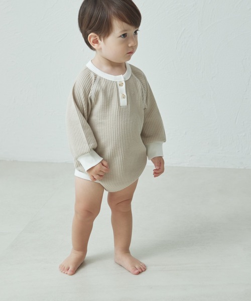 pairmanon（ペアマノン）の「ワッフル 配色ヘンリーネック ロンパース（ロンパース・キッズ・ピンク/ブルー/ブラウン/ベージュ/ミント・70/80）」の12枚目の写真