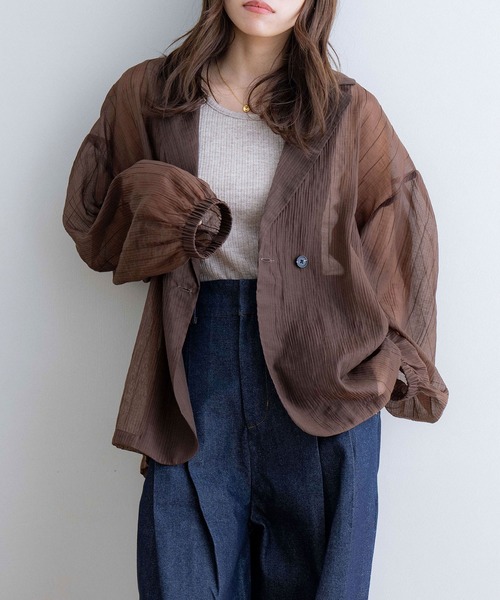 NOAHL（ノアル）の「【NOAHL】ストライプシアージャケット（テーラードジャケット・レディース・ブラウン/グレイッシュベージュ/アイボリー/オリーブ・FREE）」の2枚目の写真