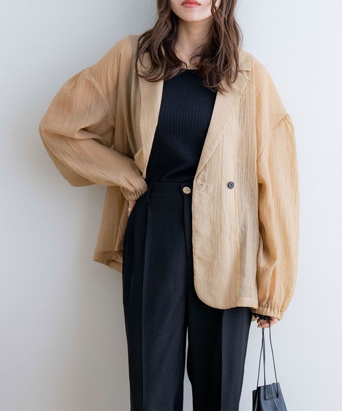 NOAHL（ノアル）の「【NOAHL】ストライプシアージャケット（テーラードジャケット・レディース・ブラウン/グレイッシュベージュ/アイボリー/オリーブ・FREE）」の3枚目の写真