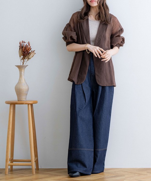 NOAHL（ノアル）の「【NOAHL】ストライプシアージャケット（テーラードジャケット・レディース・ブラウン/グレイッシュベージュ/アイボリー/オリーブ・FREE）」の6枚目の写真