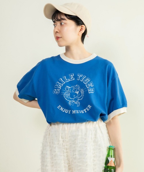 CHILD WOMAN（チャイルドウーマン）の「smile tigerリンガーTシャツ（Tシャツ/カットソー・レディース・ブルー/ホワイト・FREE）」の3枚目の写真