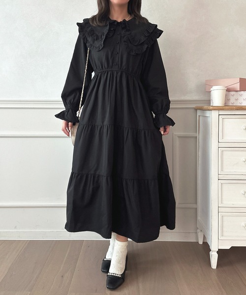 BLACK PEACE NOW　希少　美品　編み上げ　パフスリーブ　ブラック 訳あり】BLACK PEACE NOW フリルワンピース BPN / 編み上げ付き