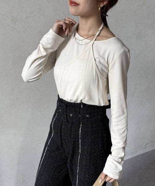 Thevon（ゼボン）の「アシメレイヤードリブプルオーバー（Tシャツ/カットソー・レディース・ブラック/オフホワイト/チャコールグレー/グリーン系その他・FREE）」の2枚目の写真