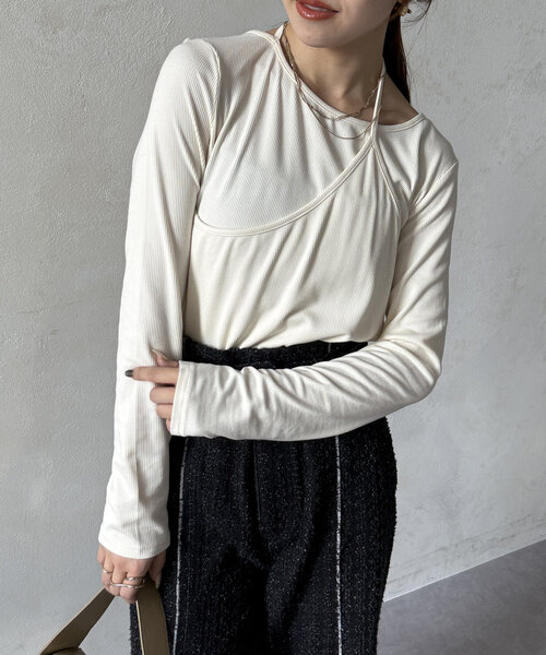 Thevon（ゼボン）の「アシメレイヤードリブプルオーバー（Tシャツ/カットソー・レディース・ブラック/オフホワイト/チャコールグレー/グリーン系その他・FREE）」の5枚目の写真