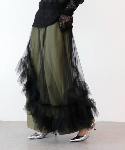 Three Four Time（ｽﾘｰﾌｫｰﾀｲﾑ）の「チュールアシメスカート（スカート・レディース・ブラック/キャメル・FREE）」の2枚目の写真