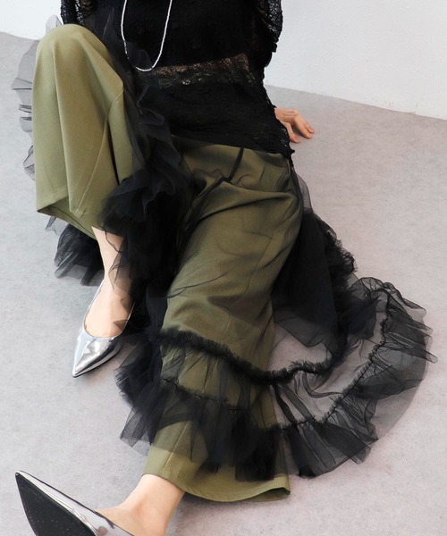 Three Four Time（ｽﾘｰﾌｫｰﾀｲﾑ）の「チュールアシメスカート（スカート・レディース・ブラック/キャメル・FREE）」の5枚目の写真