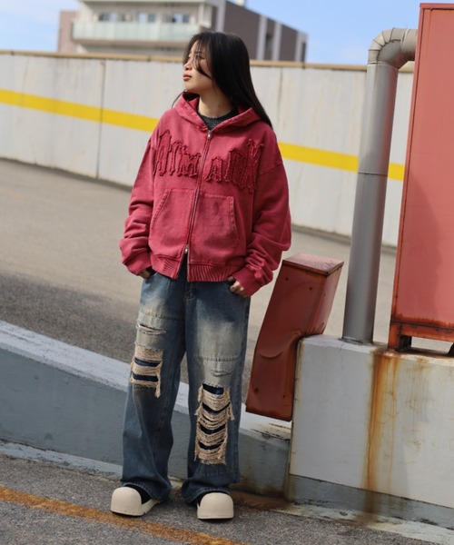 ATMARK（アットマーク）の「《フリーサイズ　/　UNISEX　》ATMARKロゴ　フリンジ　ミドルフルジップパーカー（パーカー・メンズ・ブラック/レッド/グリーン・FREE）」の13枚目の写真