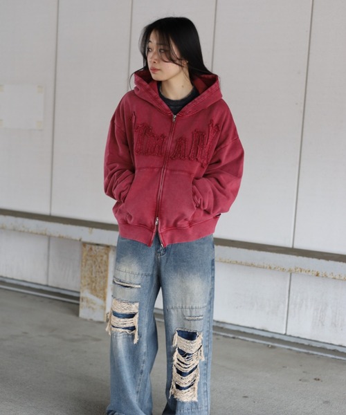 ATMARK（アットマーク）の「《フリーサイズ　/　UNISEX　》ATMARKロゴ　フリンジ　ミドルフルジップパーカー（パーカー・メンズ・ブラック/レッド/グリーン・FREE）」の14枚目の写真