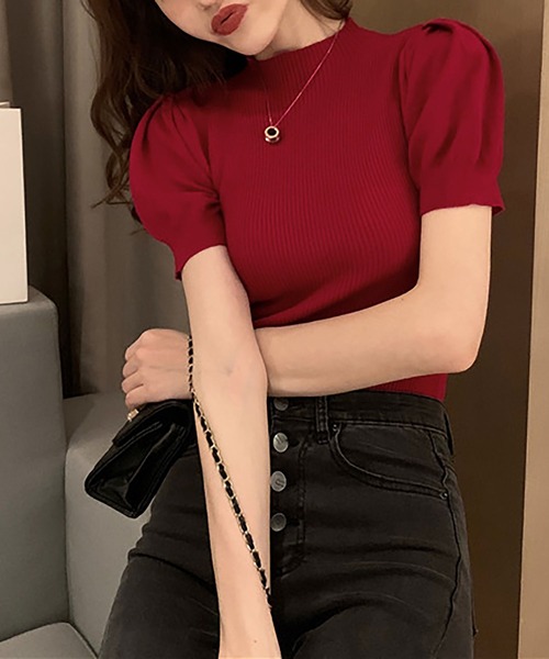 Asterellivi(アステレリビ)の「オフィスカジュアルにも使える リブ編み 半袖 サマーニット プチハイ(Tシャツ/カットソー・レディース・モカ/ブルー/レッド/ブラック/ホワイト・FREE)」の5枚目の写真