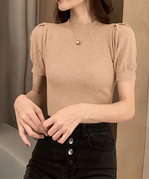 Asterellivi(アステレリビ)の「オフィスカジュアルにも使える リブ編み 半袖 サマーニット プチハイ(Tシャツ/カットソー・レディース・モカ/ブルー/レッド/ブラック/ホワイト・FREE)」の3枚目の写真