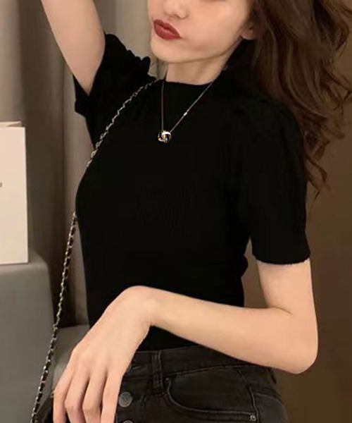 Asterellivi(アステレリビ)の「オフィスカジュアルにも使える リブ編み 半袖 サマーニット プチハイ(Tシャツ/カットソー・レディース・モカ/ブルー/レッド/ブラック/ホワイト・FREE)」の6枚目の写真