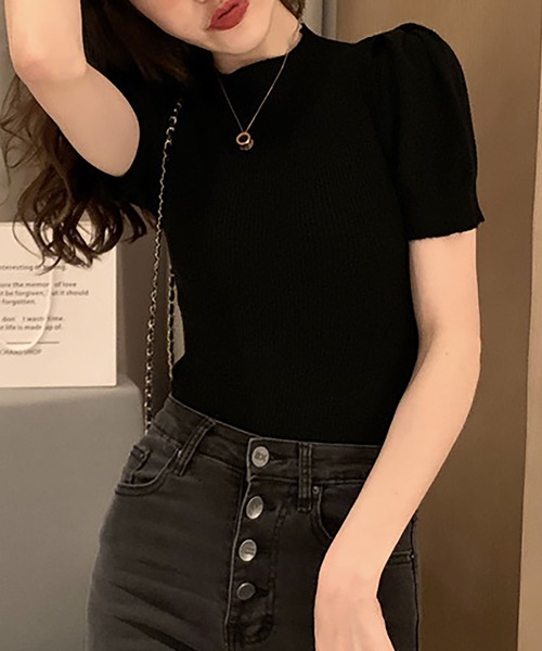 Asterellivi(アステレリビ)の「オフィスカジュアルにも使える リブ編み 半袖 サマーニット プチハイ(Tシャツ/カットソー・レディース・モカ/ブルー/レッド/ブラック/ホワイト・FREE)」の7枚目の写真