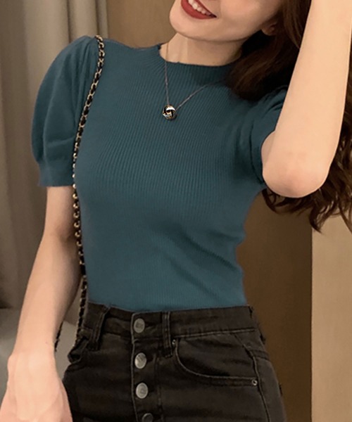 Asterellivi(アステレリビ)の「オフィスカジュアルにも使える リブ編み 半袖 サマーニット プチハイ(Tシャツ/カットソー・レディース・モカ/ブルー/レッド/ブラック/ホワイト・FREE)」の9枚目の写真