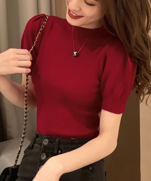 Asterellivi(アステレリビ)の「オフィスカジュアルにも使える リブ編み 半袖 サマーニット プチハイ(Tシャツ/カットソー・レディース・モカ/ブルー/レッド/ブラック/ホワイト・FREE)」の10枚目の写真