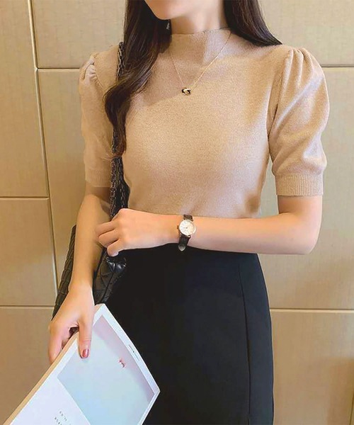 Asterellivi(アステレリビ)の「オフィスカジュアルにも使える リブ編み 半袖 サマーニット プチハイ(Tシャツ/カットソー・レディース・モカ/ブルー/レッド/ブラック/ホワイト・FREE)」の11枚目の写真