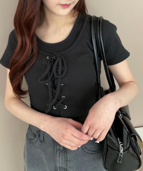 WEGO（ウィゴー）の「WEGO/ヴィンテージライクレースアップT（Tシャツ/カットソー・レディース・スミクロ/ブラック/ホワイト・FREE）」の8枚目の写真