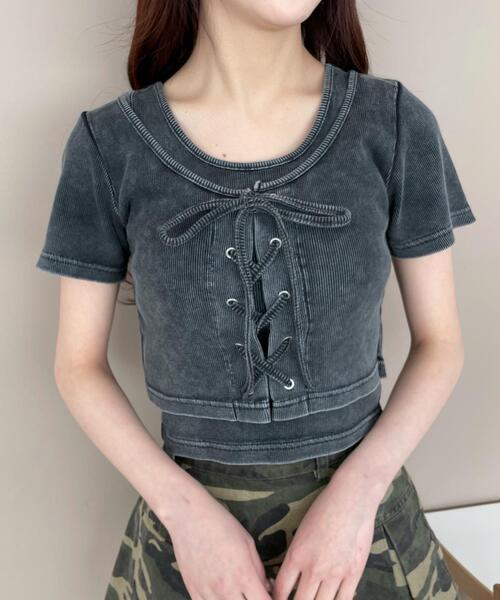WEGO（ウィゴー）の「WEGO/ヴィンテージライクレースアップT（Tシャツ/カットソー・レディース・スミクロ/ブラック/ホワイト・FREE）」の13枚目の写真