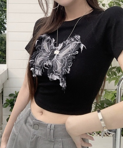 Lace Ladies(レースレディース)の「バタフライ クロップド丈 クルーネック 半袖 Tシャツ(Tシャツ/カットソー・レディース・ホワイト/ブラック・M/XL)」の5枚目の写真