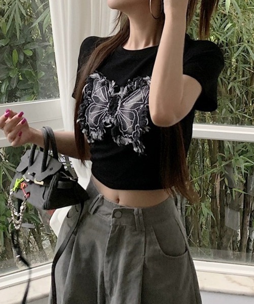 Lace Ladies(レースレディース)の「バタフライ クロップド丈 クルーネック 半袖 Tシャツ(Tシャツ/カットソー・レディース・ホワイト/ブラック・M/XL)」の6枚目の写真