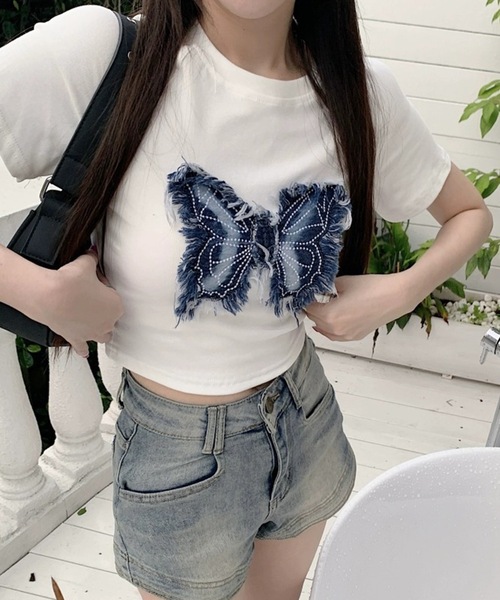 Lace Ladies(レースレディース)の「バタフライ クロップド丈 クルーネック 半袖 Tシャツ(Tシャツ/カットソー・レディース・ホワイト/ブラック・M/XL)」の8枚目の写真
