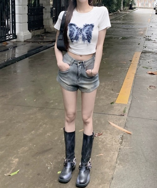 Lace Ladies(レースレディース)の「バタフライ クロップド丈 クルーネック 半袖 Tシャツ(Tシャツ/カットソー・レディース・ホワイト/ブラック・M/XL)」の10枚目の写真