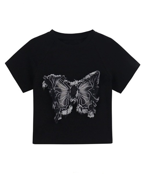 Lace Ladies(レースレディース)の「バタフライ クロップド丈 クルーネック 半袖 Tシャツ(Tシャツ/カットソー・レディース・ホワイト/ブラック・M/XL)」の13枚目の写真