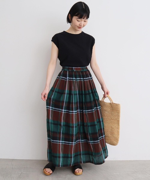l'atelier du savon（アトリエドサボン）の「高島ちぢみbig check スカート（スカート・レディース・ホワイト/グリーン・FREE）」の10枚目の写真