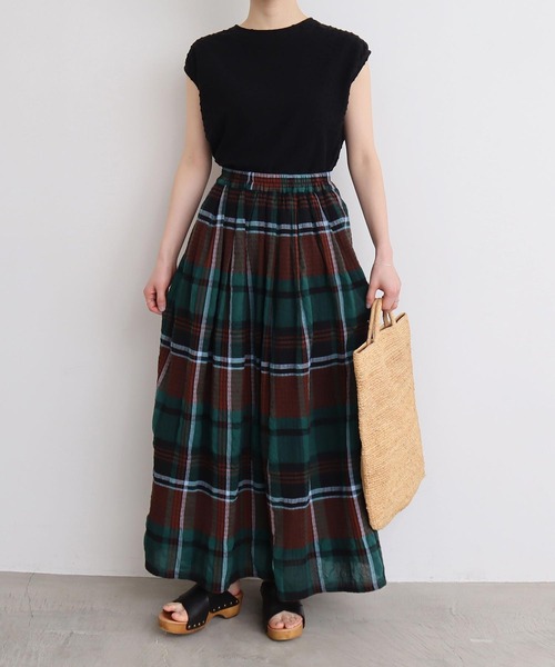 l'atelier du savon（アトリエドサボン）の「高島ちぢみbig check スカート（スカート・レディース・ホワイト/グリーン・FREE）」の12枚目の写真