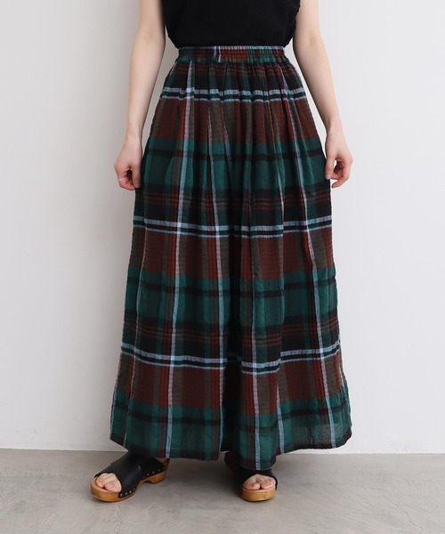 l'atelier du savon（アトリエドサボン）の「高島ちぢみbig check スカート（スカート・レディース・ホワイト/グリーン・FREE）」の4枚目の写真