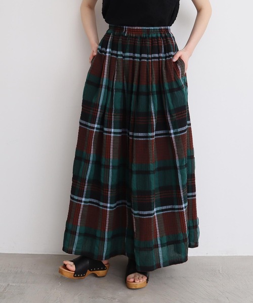 l'atelier du savon（アトリエドサボン）の「高島ちぢみbig check スカート（スカート・レディース・ホワイト/グリーン・FREE）」の8枚目の写真