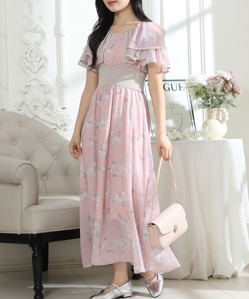 Lace Ladies(レースレディース)の「フラワープリント フリル 配色 ウエストリブ ワンピース(ワンピース・レディース・ピンク/ブラック/グレー・S/FREE)」の3枚目の写真