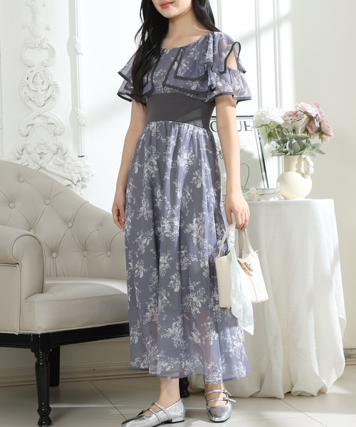 Lace Ladies(レースレディース)の「フラワープリント フリル 配色 ウエストリブ ワンピース(ワンピース・レディース・ピンク/ブラック/グレー・S/FREE)」の4枚目の写真