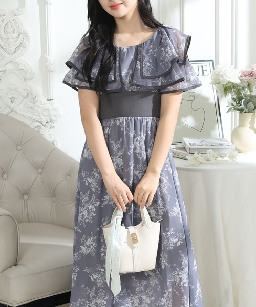 Lace Ladies(レースレディース)の「フラワープリント フリル 配色 ウエストリブ ワンピース(ワンピース・レディース・ピンク/ブラック/グレー・S/FREE)」の5枚目の写真