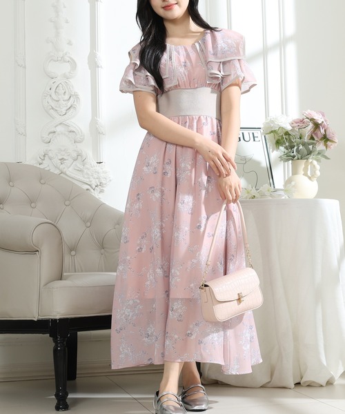 Lace Ladies(レースレディース)の「フラワープリント フリル 配色 ウエストリブ ワンピース(ワンピース・レディース・ピンク/ブラック/グレー・S/FREE)」の8枚目の写真