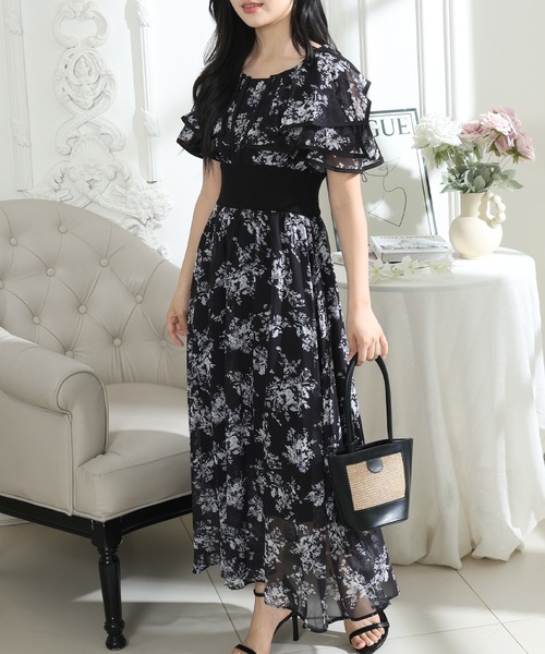 Lace Ladies(レースレディース)の「フラワープリント フリル 配色 ウエストリブ ワンピース(ワンピース・レディース・ピンク/ブラック/グレー・S/FREE)」の14枚目の写真