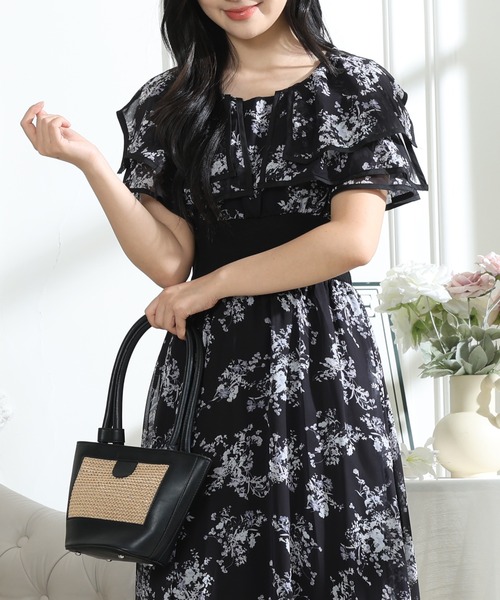 Lace Ladies(レースレディース)の「フラワープリント フリル 配色 ウエストリブ ワンピース(ワンピース・レディース・ピンク/ブラック/グレー・S/FREE)」の15枚目の写真