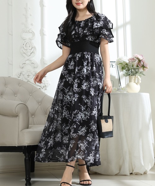 Lace Ladies(レースレディース)の「フラワープリント フリル 配色 ウエストリブ ワンピース(ワンピース・レディース・ピンク/ブラック/グレー・S/FREE)」の16枚目の写真