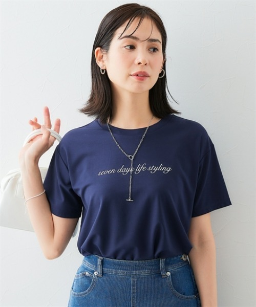 7days Life Styling(セブンデイズライフスタイリング)の「【接触冷感】シルケット加工クルーネックロゴトップス(Tシャツ/カットソー・レディース・オフホワイト/ネイビー・S/M/L/LL)」の7枚目の写真
