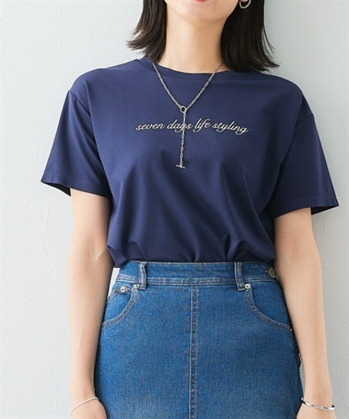 7days Life Styling(セブンデイズライフスタイリング)の「【接触冷感】シルケット加工クルーネックロゴトップス(Tシャツ/カットソー・レディース・オフホワイト/ネイビー・S/M/L/LL)」の11枚目の写真