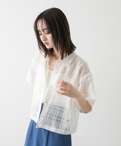 【洗える】シアーチェッククロップド5分袖シャツ/セットアップ対応 BAYFLOW ブラウス シャツ 「セットアップ可能」シアーチェック5