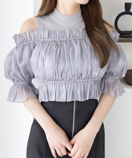 clear（クリア）の「布帛ドッキングオフショルニットトップス[着回し抜群 大人 上品 フェミニン 夏ニット]≪2025SS新作≫（ニット/セーター・レディース・ブラック/ピンク/グレー・F）」の2枚目の写真